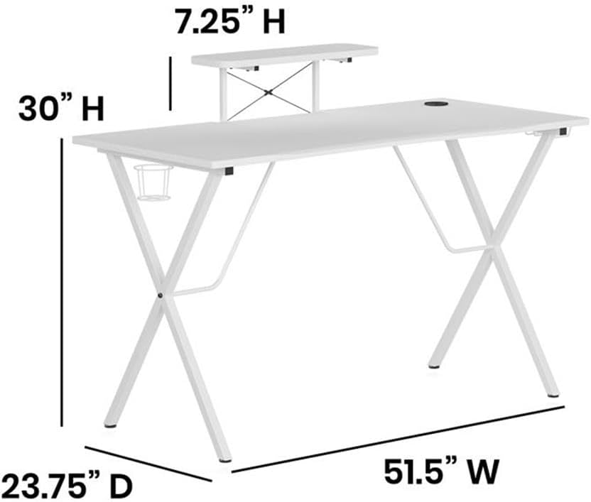 Flash Furniture Mallot Gaming Desk - White Computer Desk - 51.5' Gamers Table with Cup Holder, Headphone Hook, and Monitor/Smartphone Stand