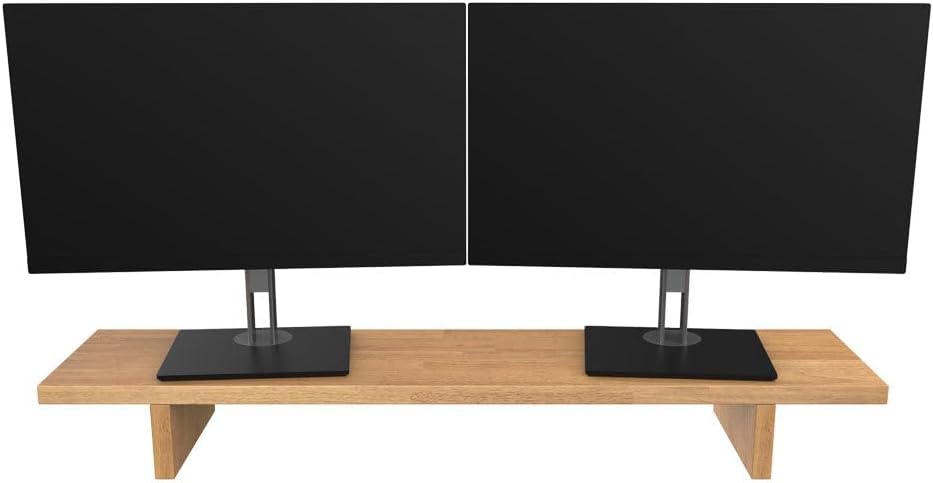Desky Monitor Stand – Ergonomic Wood Riser for Single or Dual Monitors, Desk Shelf Organizer to Elevate Screen Height – Light Oak Rubberwood
