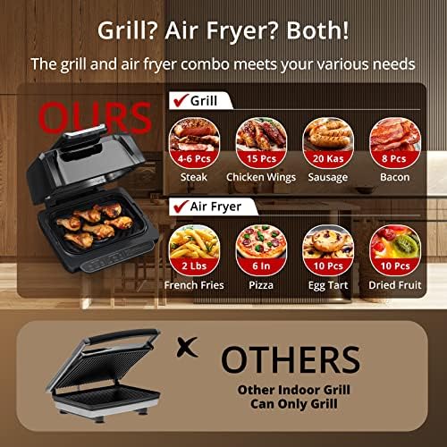 Indoor Grill Smokeless, Air Fryer Grill Combo with Adjustable Temperature to 450°F, Electric Grill with Viewing Window, Removable Nonstick Grate, Fast and Even Heating, 4Qt for Family, with Tongs