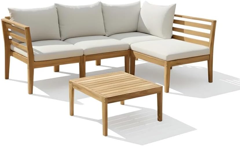 5-Piece Acacia Wood Outdoor Furniture Set, All-Weather Conversational Chat Set with Thick Water-Resistant Cushions, Modern Space-Saving Patio Sofa for Small Balcony, Deck & Backyard, Natural