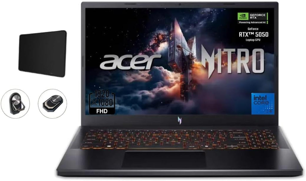 acer Nitro V Gaming Laptop, 15.6' FHD IPS Display, 165Hz, Intel i5-13420H, NVIDIA GeForce RTX 5050 with 8GB GDDR7 VRAM, 16GB RAM, 1TB SSD, BK, Win11H, Obsidian Black, TWE Accessories