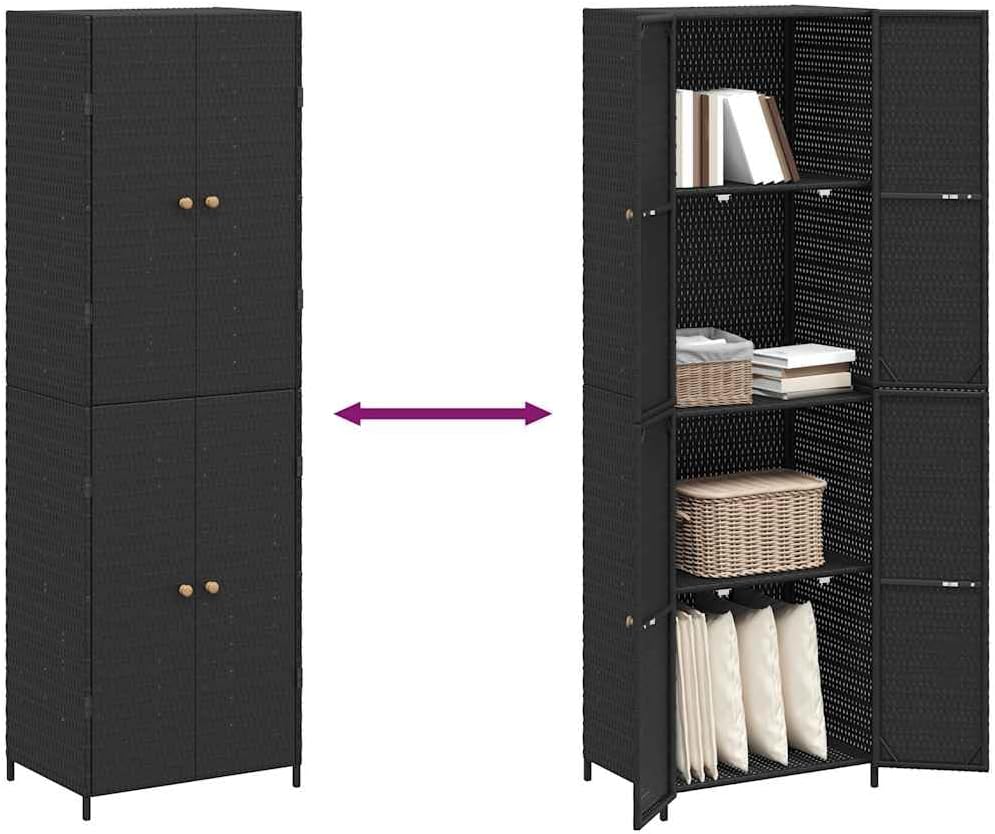 vidaXL Wooden Garden Storage Cabinet, Durable Poly Rattan, Water-Resistant, 4 Compartments, Outdoor Storage Cabinet, Powder-Coated Steel Frame, Solid Acacia Wood Knobs, 23.2'x15.7'x70.9', Black