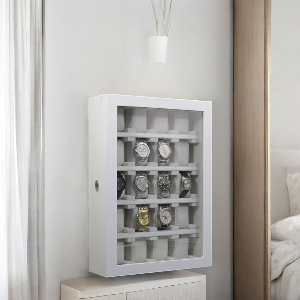 TIMELYBUYS 20 Piece White Wood Watch Display Wall Hanging Case and Storage Organizer Box and Stand for Oversized Watches