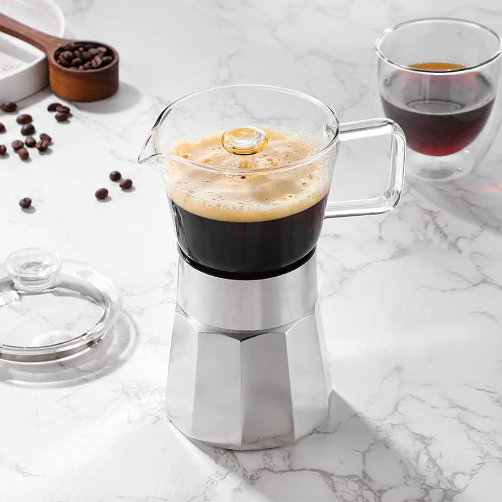 Premium Crystal Glass-Top Stovetop Espresso Moka Pot,Aluminum Coffee Maker for Flavored Strong Coffee,4/6/ 9 Cups,360ml/12.7oz/9 cup (espresso cup=40ml),Coffee Lover Gifts Ideas,9-Cups