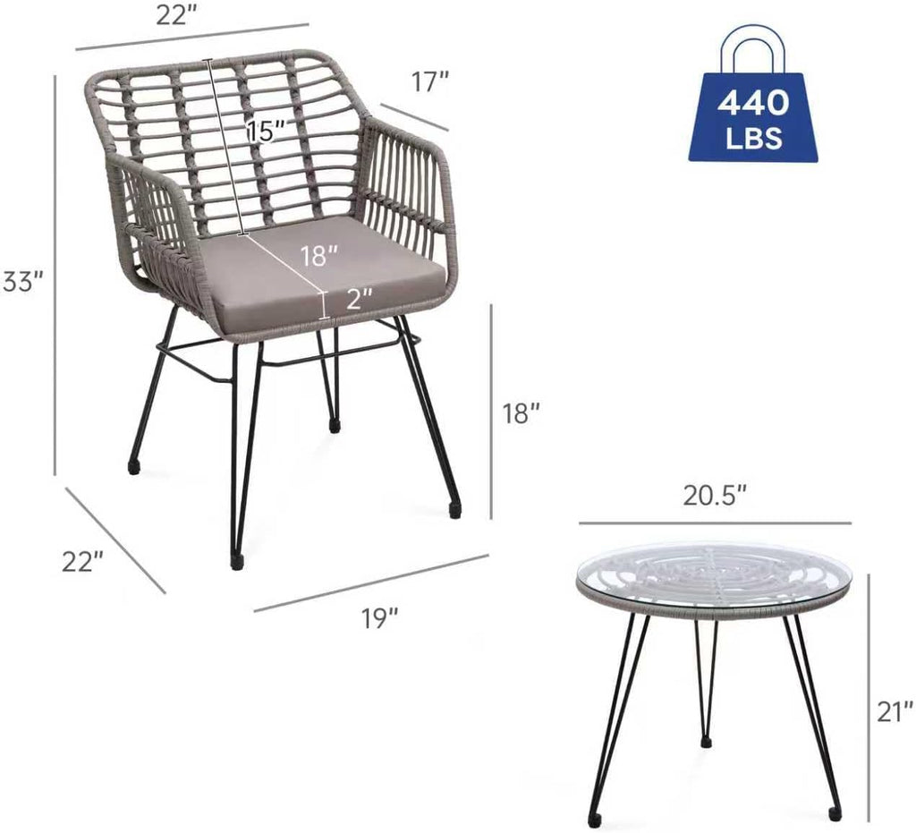 KROFEM 3 Piece Wicker Patio Bistro Furniture Set, Includes 2 Rattan Chairs and Glass Top Table, Ideal for Porch, Outdoor, Backyard, Apartment, Balcony, Grey