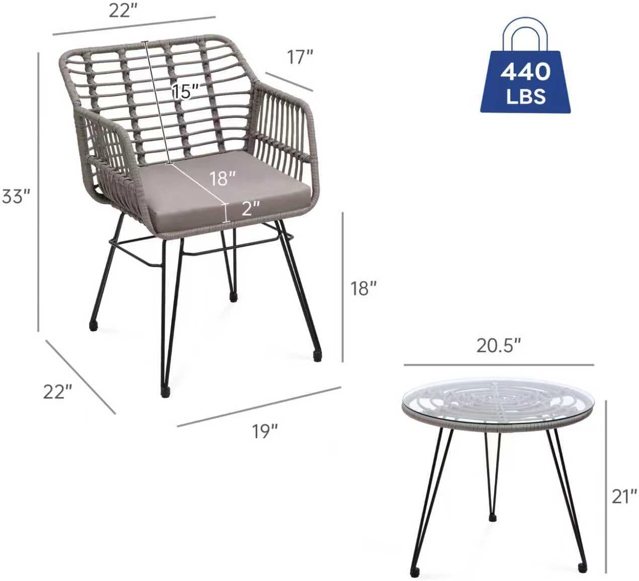 KROFEM 3 Piece Wicker Patio Bistro Furniture Set, Includes 2 Rattan Chairs and Glass Top Table, Ideal for Porch, Outdoor, Backyard, Apartment, Balcony, Grey