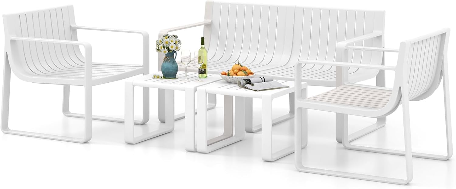 Tangkula 5-Piece Patio Furniture Set, Outdoor Conversation Set w/1 Loveseat, 2 Patio Chairs & 2 Side Tables, All-Weather Patio Bistro Set for Lawn, Backyard, Poolside, Balcony, Garden, Deck (White)