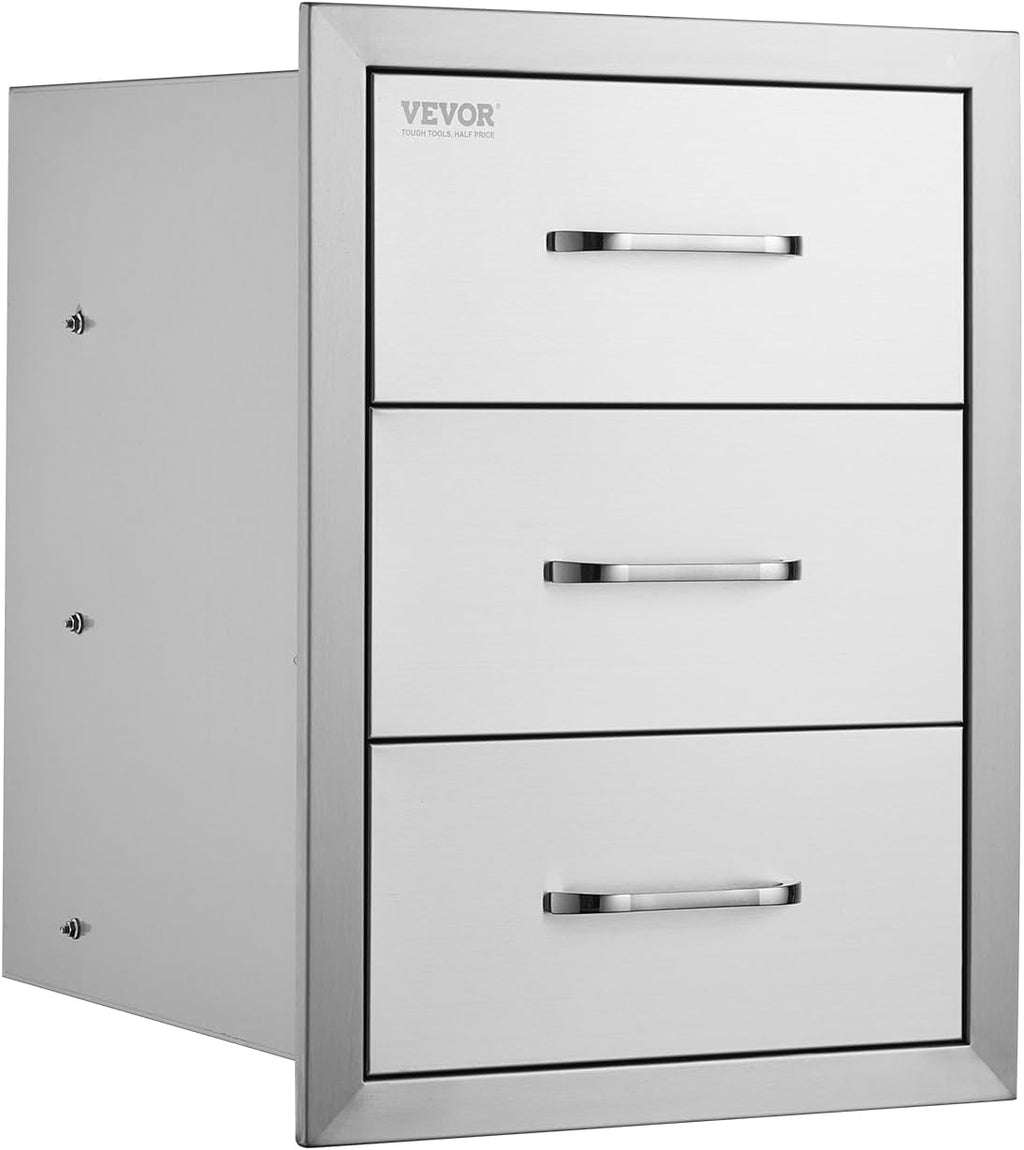 VEVOR Outdoor Kitchen Drawer 16' W x 21.5' H x 18' D, Outdoor Kitchen Cabinets, BBQ Drawer Stainless Steel, Flush Mount Triple Access, with Handle, BBQ Island, Outdoor Grill Patio Grill Station