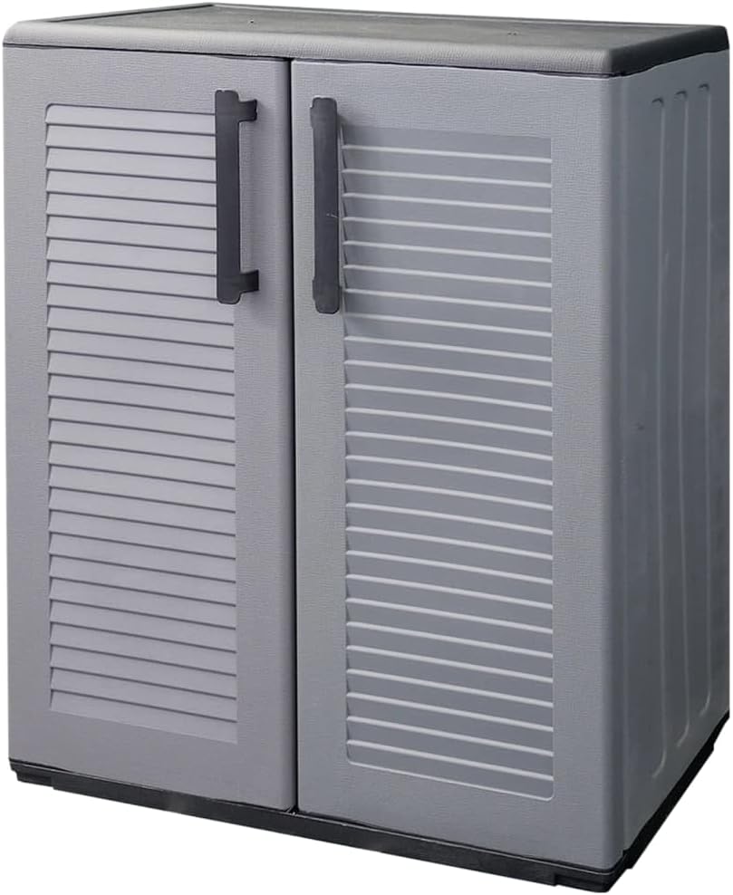Garden Storage Cabinet, Gray and Black, 26.8'x14.6'x33.1' Weather-Resistant PP, Adjustable Shelves for Outdoor Patio Organization