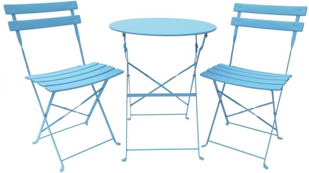 Indoor/Outdoor 3-Piece Foldable Bistro Set, Folding Outdoor Patio Furniture Sets, 2 Chairs and 1 Table, Weather-Resistant Outdoor/Indoor Conversation Set for Patio (Blue)