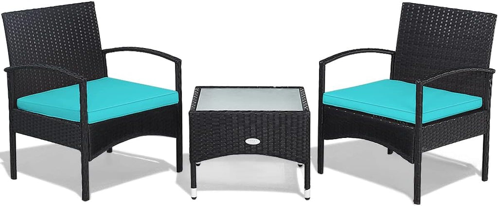 HAPPYGRILL 3 Pieces Patio Furniture Conversation Set, Outdoor Rattan Wicker Bistro Set with Glass Coffee Table & Soft Cushions for Balcony Garden Poolside