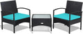 HAPPYGRILL 3 Pieces Patio Furniture Conversation Set, Outdoor Rattan Wicker Bistro Set with Glass Coffee Table & Soft Cushions for Balcony Garden Poolside