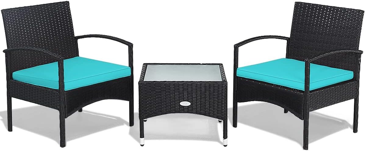 HAPPYGRILL 3 Pieces Patio Furniture Conversation Set, Outdoor Rattan Wicker Bistro Set with Glass Coffee Table & Soft Cushions for Balcony Garden Poolside