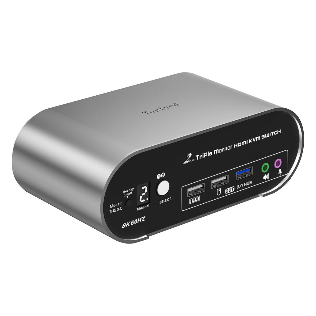 2 Computers 3 HDMI Monitors KVM Switch 8K@60Hz Triple Monitors, Wired Remote and Hotkey Switching, EDID, Audio and Microphone, Aluminum Alloy Shell,Digital Display, HDR10 with Cables