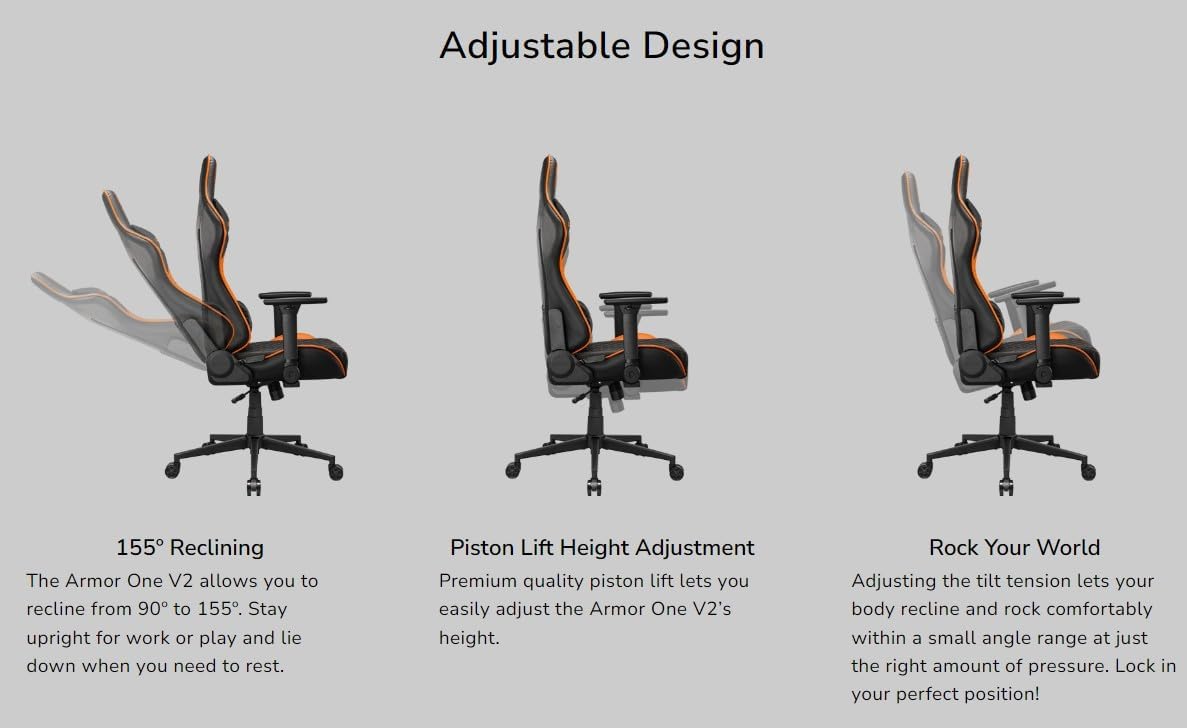 COUGAR Armor ONE V2 Gold Gaming Chair, Choices of Breathable PVC Leather or Woven Fabric,4D Folding Armrests, Lumbar and Neck Pillows, Back Pocket,High-Back Design Lower Back Support (PVC Leather)