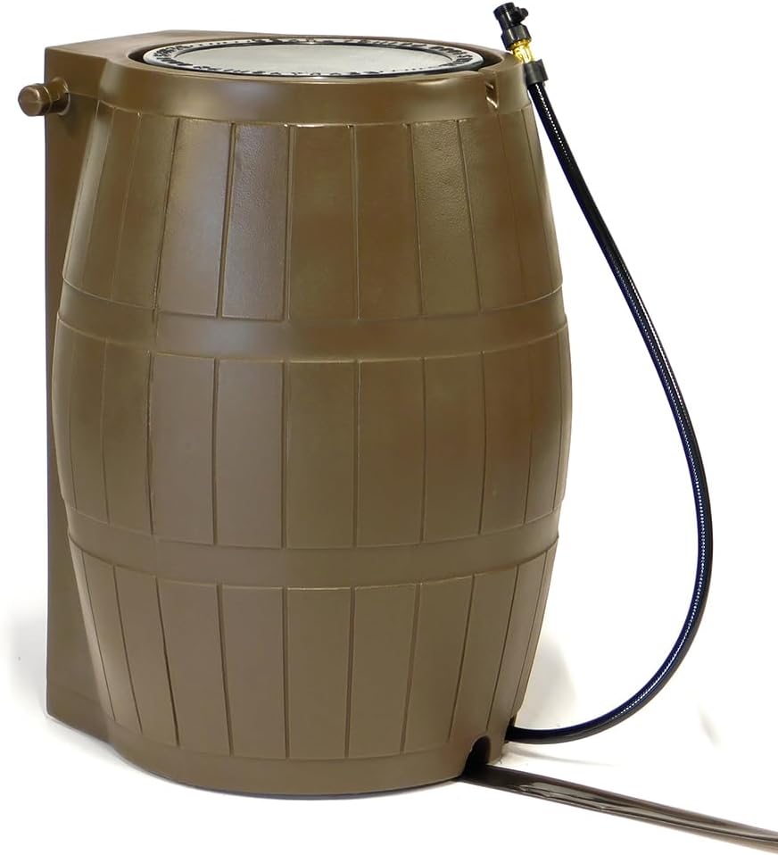 FCMP Outdoor Raincatcher 4000 Rain Barrel, Flat-Back Rainwater Catcher with Spigots, 50 Gallon, Brown - Portable Water Storage Container Tank for Home, Garden, and Backyard