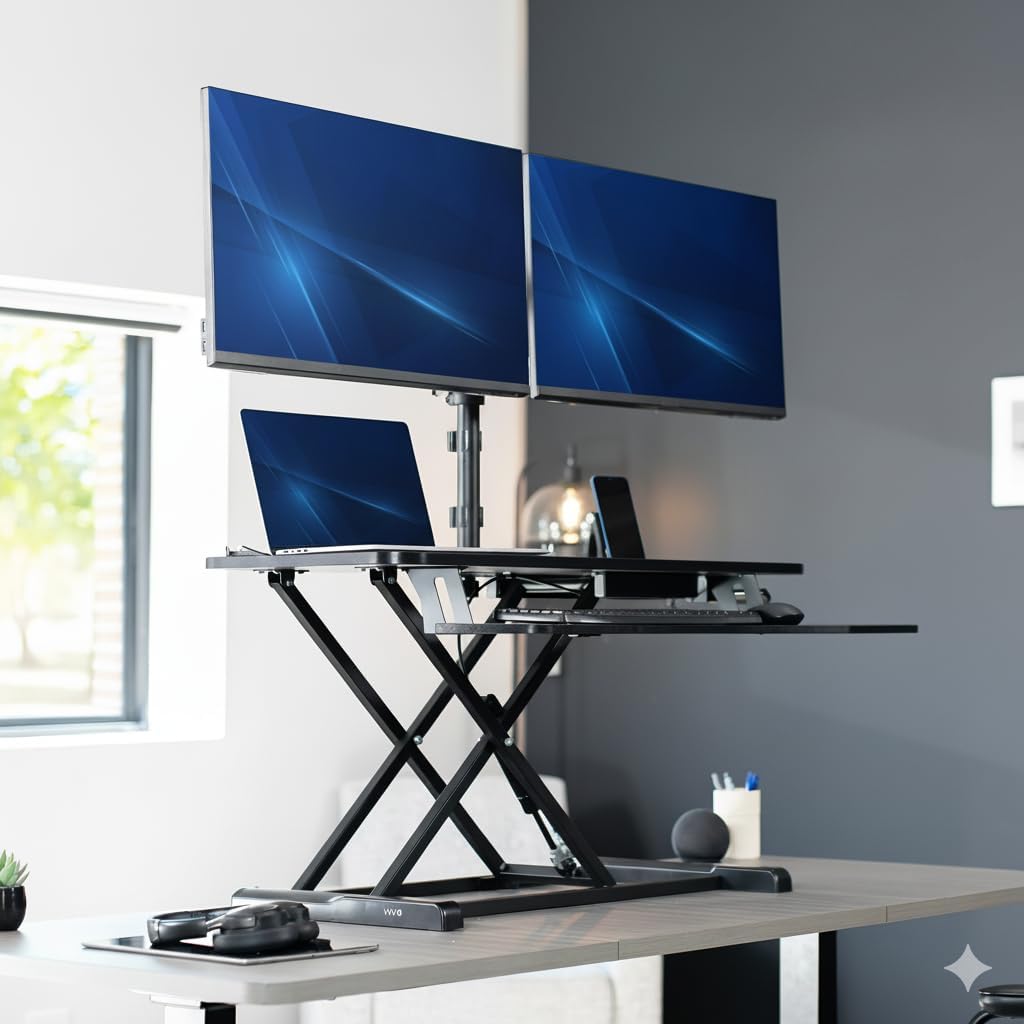 VIVO 42 inch Standing Desk Converter with Dual Monitor Mount for up to 32 inch Screens, Height Adjustable Riser with Mechanical Spring Arms, Black, DESK-KIT-042K2K