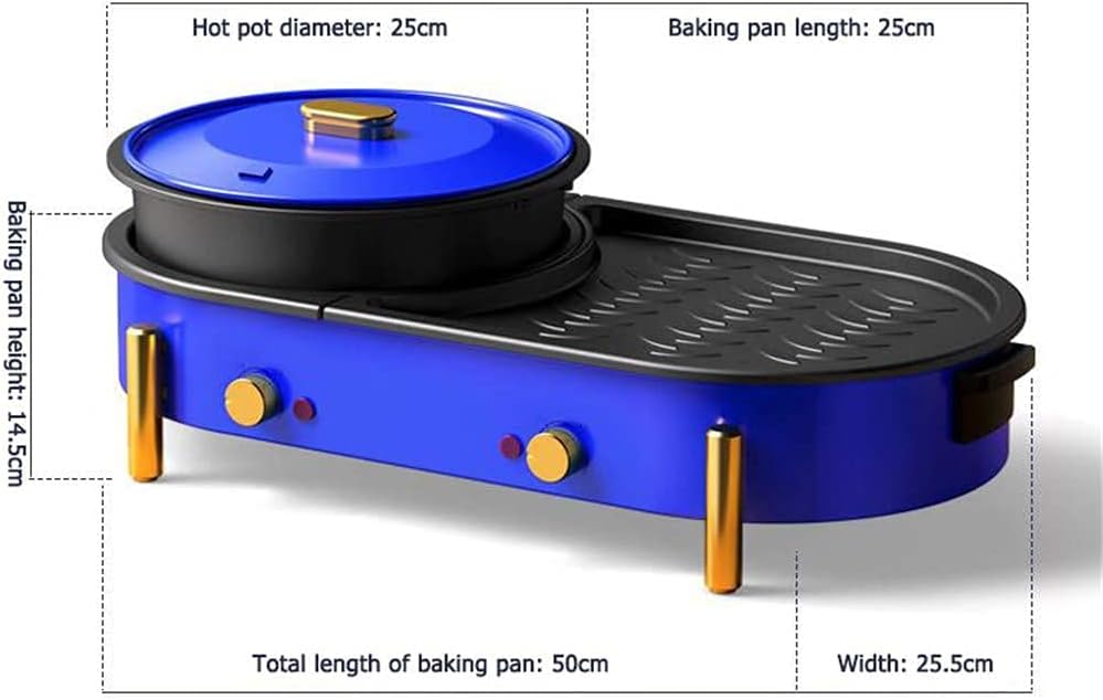 Electric Hot Pot Grill Indoor 2200W Non-Stick Baking Pan Separate Dual Temperature Control Smokeless Barbecue Machine, Easy To Clean 220V,White (Color : Blue)