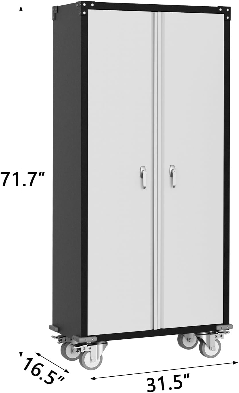 GarveeHome Metal Locker Storage Cabinet with Wheels 71' H with Doors and 2 Shelves Adjustable 4 Adjustable Feet for Home, Garage, Office, Shop