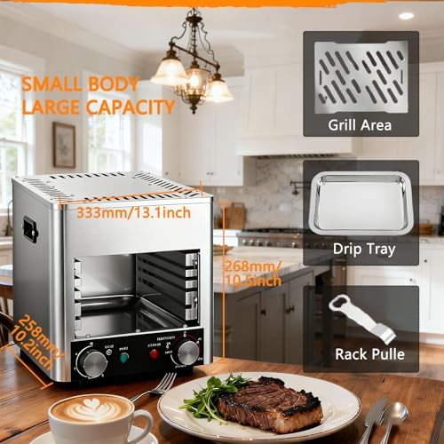 1700W Smokeless Electric Steak Grill, Stainless Steel Indoor Broiler, Adjustable Time & Temperature, Gas-Free Cooking for Beef, Chicken & Vegetables, 4 Grilling Slots