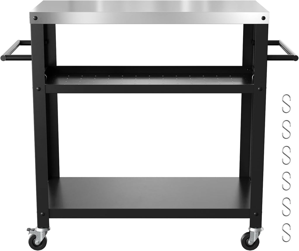 Nessxa Outdoor Grill Cart with Three-Shelf, Stainless Steel Pizza Oven Table for Outside, Dining Kitchen Cart with Two Side Handle, Garden Patio BBQ Kitchen Food Prep Table Cart (Black)