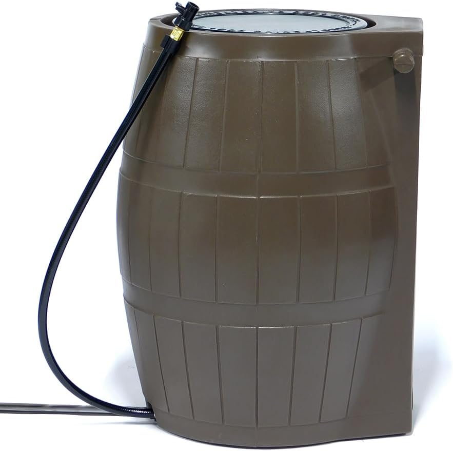 FCMP Outdoor Raincatcher 4000 Rain Barrel, Flat-Back Rainwater Catcher with Spigots, 50 Gallon, Brown - Portable Water Storage Container Tank for Home, Garden, and Backyard