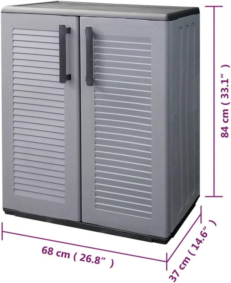 Garden Storage Cabinet, Gray and Black, 26.8'x14.6'x33.1' Weather-Resistant PP, Adjustable Shelves for Outdoor Patio Organization