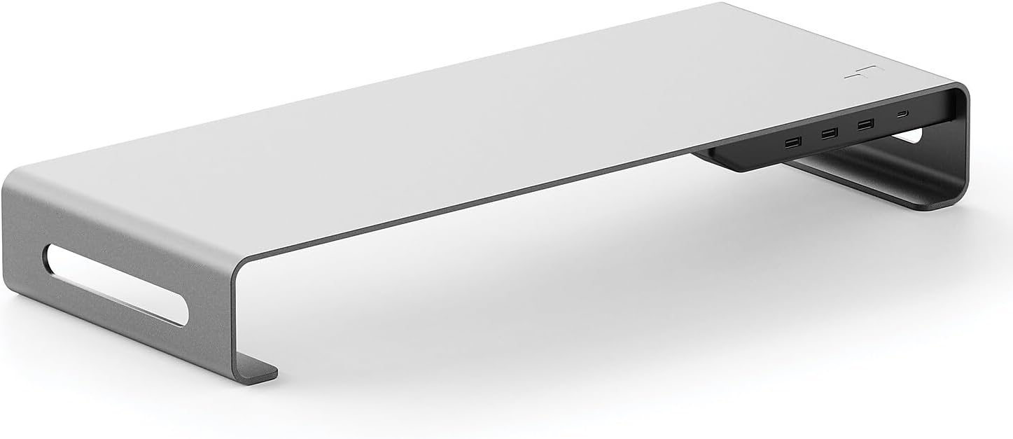 Mobile Pixels Aluminum Monitor Riser with Docking Hub, USB-C Port, PD Port, Ethernet, HDMI, 3 USB 3.0 for PC, TV, Tablet, Laptop, Space Grey