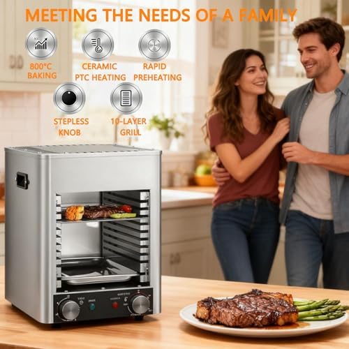 1800W Smokeless Indoor Electric Grill, Stainless Steel BBQ Broiler with Adjustable Rack, Versatile Kitchen Cooker for Steak Pizza Toast Grilling, Ideal for Home Chefs