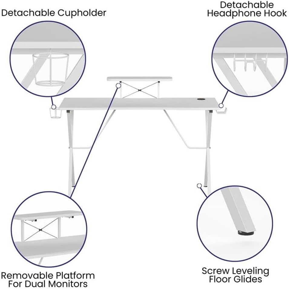Flash Furniture Mallot Gaming Desk - White Computer Desk - 51.5' Gamers Table with Cup Holder, Headphone Hook, and Monitor/Smartphone Stand