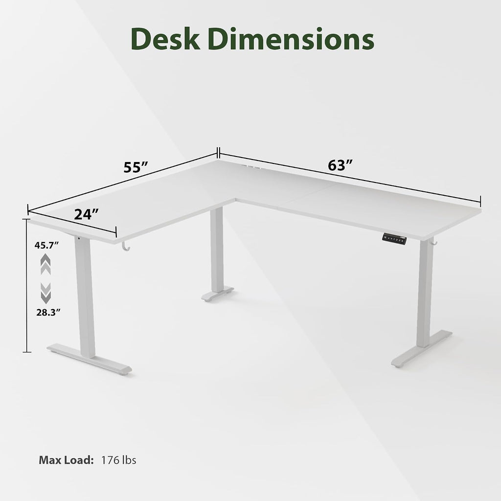 Agilestic L Shaped Standing Desk 63 x 55 inch Adjustable Height, Electric Corner Standing Desk, Sit Stand Computer Table with Splice Board, White
