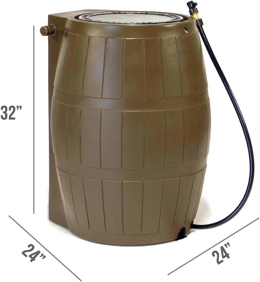 FCMP Outdoor Raincatcher 4000 Rain Barrel, Flat-Back Rainwater Catcher with Spigots, 50 Gallon, Brown - Portable Water Storage Container Tank for Home, Garden, and Backyard