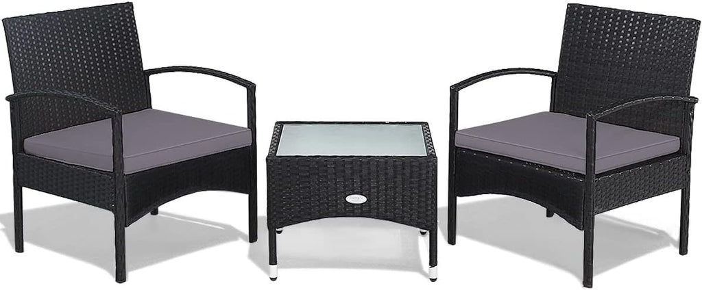 HAPPYGRILL 3 Pieces Rattan Patio Bistro Set, Outdoor Conversation Set, Patio Furniture Set with Glass Coffee Table & Soft Cushions for Balcony Garden Poolside