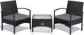 HAPPYGRILL 3 Pieces Rattan Patio Bistro Set, Outdoor Conversation Set, Patio Furniture Set with Glass Coffee Table & Soft Cushions for Balcony Garden Poolside