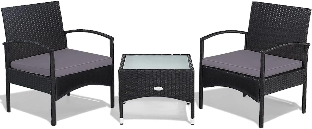 HAPPYGRILL 3 Pieces Rattan Patio Bistro Set, Outdoor Conversation Set, Patio Furniture Set with Glass Coffee Table & Soft Cushions for Balcony Garden Poolside
