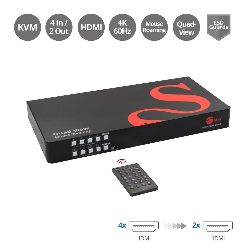SIIG 4-Port 4K HDMI KVM Switch Multiviewer - 4 in 2 out, 4K@60Hz, Quad Viewer, USB Keyboard/Mouse, 2x USB-A 3.2 Gen 1, 2x USB 1.1, Mic in, Stereo Out, RS-232, Hotkeys, IR remote control, TAA Compliant