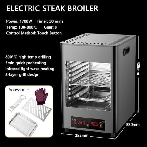 1700W Electric Steak Broiler - 8 Slot Indoor Grill, Adjustable Time & Temperature, 800℃ Stainless Steel Cooking, Perfect for Juicy Steaks, A-220V Kitchen Appliance