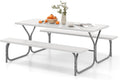Giantex Picnic Table 6FT for 8 Person, Outdoor Table Set w/ 2 Benches, All-Weather HDPE Rectangular Tabletop, Heavy Duty Metal Legs, Umbrella Hole, for Patio Yard Lawn Party (White)
