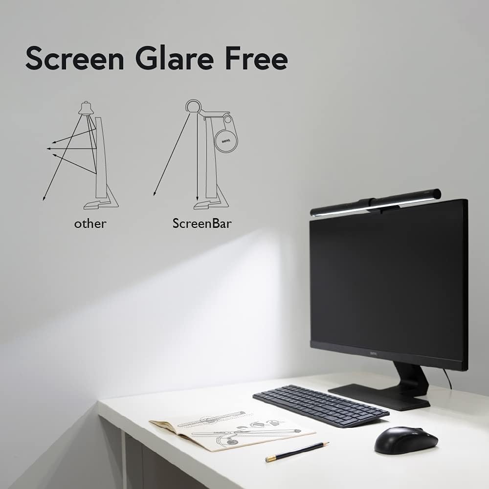 BenQ Screenbar E-Reading LED Computer Monitor Light Lamp with Auto-Dimming and Hue Adjustment Features, Matte Black USB Powered Office Lamp (ScreenBar_Black) Complements with Backlight/RGB setups