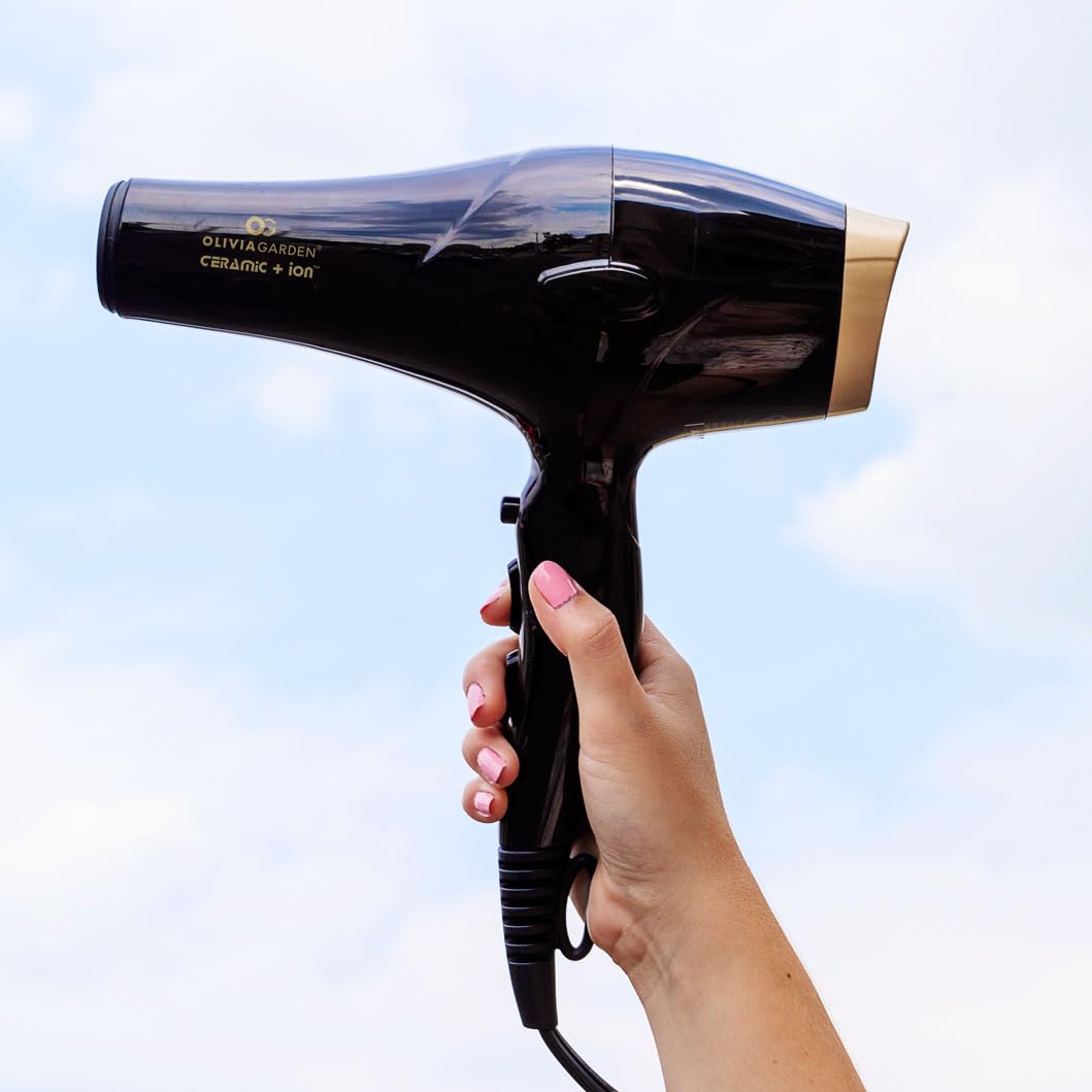 Olivia Garden 1875W Ceramic + Ion Professional Hair Dryer for Men and Women - Fast Drying Blow Dryer - Powerful Ionic Generator - 3 Heat Settings - With 2 Nozzles and Storage Bag