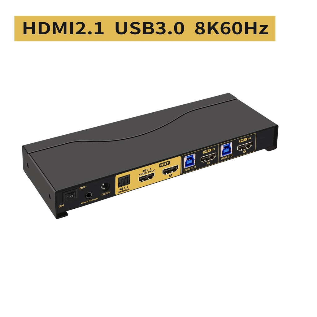 2x1 8K@60Hz 4K@144Hz KVM HDMI Switch with Audio and Cables Support Hotkey Switching, Emulation EDID, 5.1 Channel Digital Fiber Optical Audio, 7.1 Surround Sound Audio Output
