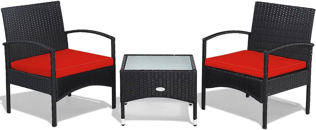 HAPPYGRILL 3 Pieces Patio Furniture Set Outdoor Conversation Set Rattan Wicker Bistro Set with Glass Coffee Table & Soft Cushions for Balcony Garden Poolside