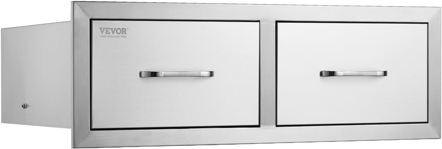 VEVOR Outdoor Kitchen Drawers 30' W x 10' H x 20' D, Horizontal Double BBQ Access Drawers Stainless Steel with Handle, BBQ Island Drawers for Outdoor Kitchens or Patio Grill Station