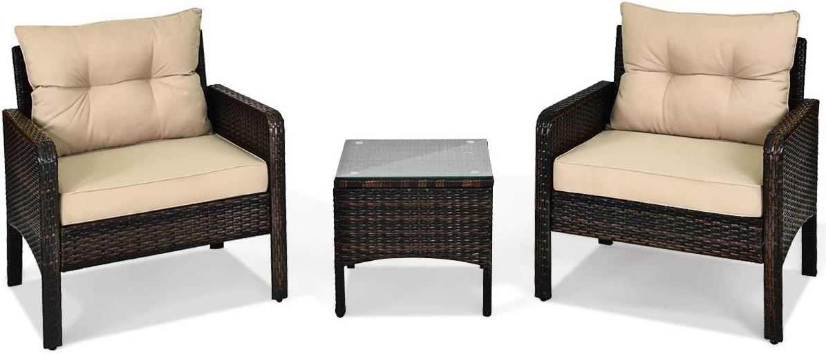 COSTWAY 3 Pieces Patio Furniture Set, Outdoor Wicker Cushioned Sofa Set with Coffee Table, All Weather Rattan Conversation Set for Garden Balcony Backyard Poolside Lawn, Beige