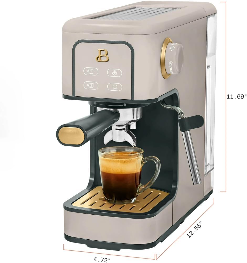 Slim Espresso Maker – 20‑Bar Pressure, Dual‑Spout 52 mm Portafilter, 50 oz Removable Tank, 2‑in‑1 Steam Wand & Touch Controls (Porcini Taupe)