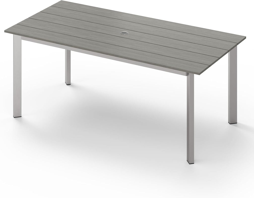 67' Rectangle HDPS Patio Dining Table, Aluminum Outdoor Patio Dining Table with Umbrella Hole, Weather-Resistant for Lawn, Garden, Yard, Poolside and Indoor Use (Gray & Teak)