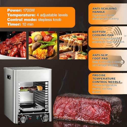 1700W Electric Steak Broiler & Smokeless Indoor Grill, Stainless Steel Multi-Purpose Oven with 10-Tier Adjustable Rack & 10 Grilling Slots for Family BBQ & Perfect Roasting