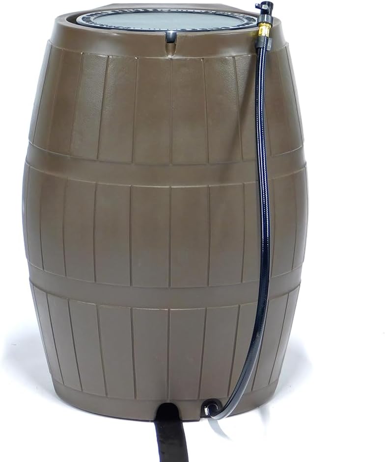 FCMP Outdoor Raincatcher 4000 Rain Barrel, Flat-Back Rainwater Catcher with Spigots, 50 Gallon, Brown - Portable Water Storage Container Tank for Home, Garden, and Backyard