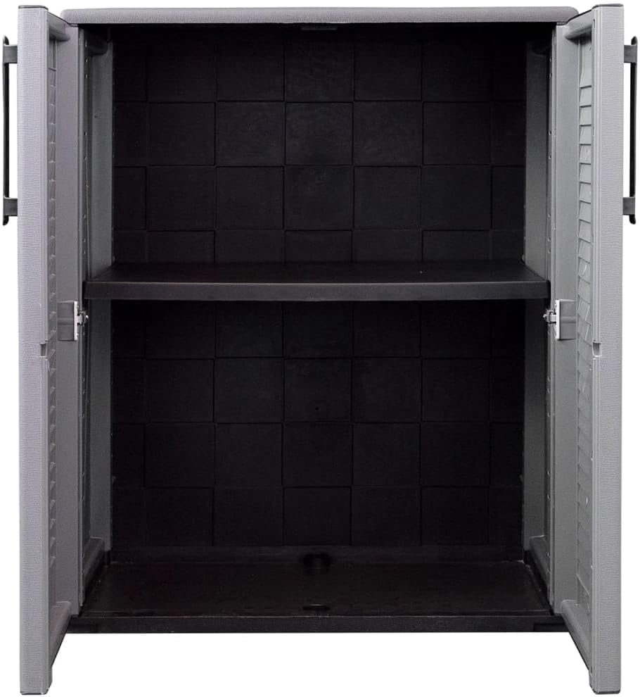 Garden Storage Cabinet, Gray and Black, 26.8'x14.6'x33.1' Weather-Resistant PP, Adjustable Shelves for Outdoor Patio Organization