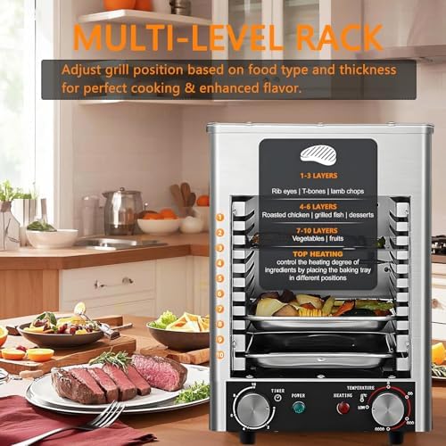 1700W Smokeless Electric Steak Grill, Stainless Steel Indoor Broiler, Adjustable Time & Temperature, Gas-Free Cooking for Beef, Chicken & Vegetables, 4 Grilling Slots
